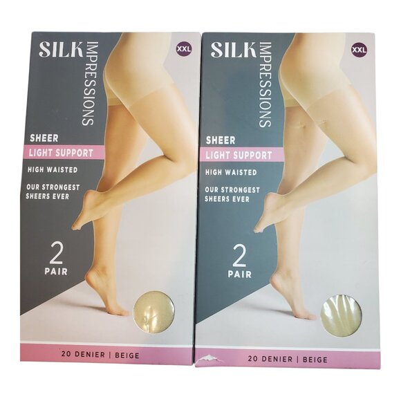 NEW 2 Packs of 2 Silk Impressions SZ XXL 20 Denier Sheer Pantyhose in Beige - Picture 1 of 7